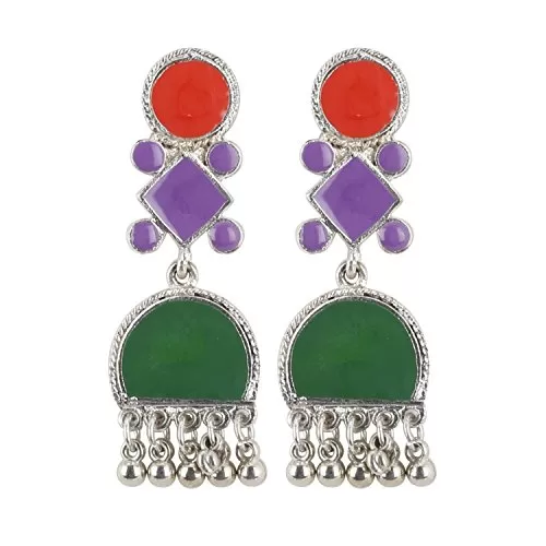 Designer Multi Colour German Silver Meena Work Stylish Earrings for Women and Girls