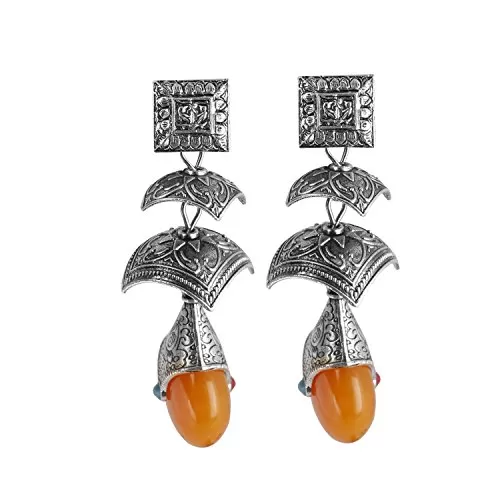 Orange Stone Dangler Handmade Silver Oxidised Earrings For Women