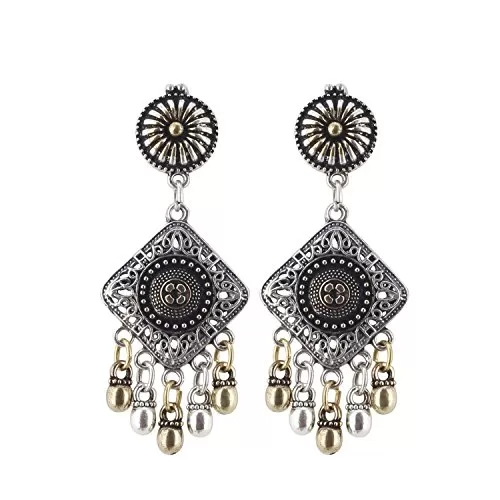 Designer German Silver Afghani Dual Tone Silver Oxidised Earrings for Women