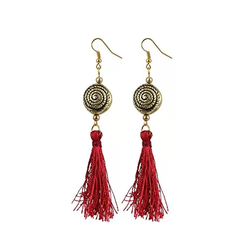 Fashion Lightweight Hook Dangler Hanging Maroon Tassels Beads Earrings