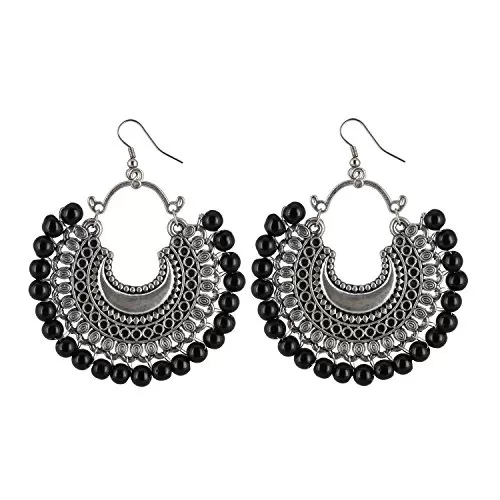 Designer German Silver Black Beads Oxidized Silver Earrings for Women
