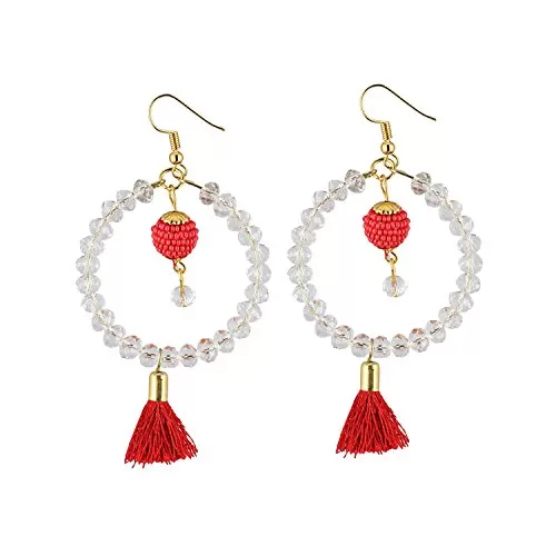 Designer Red Tassel Crystal Beads Earrings for Women and Girls