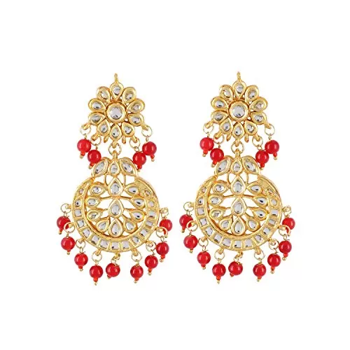 Red Gold Plated Traditional Kundan Chandbalis Earrings for Women