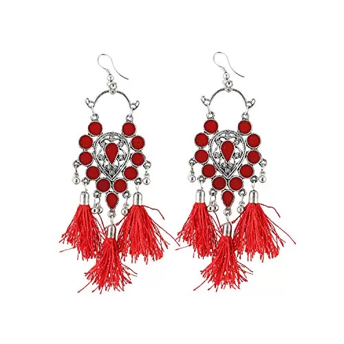 Stylish Oxidized Silver Red tassels fashion earrings for girls