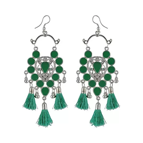 Designer Green Afgani Silver Oxidized Earrings for Wome