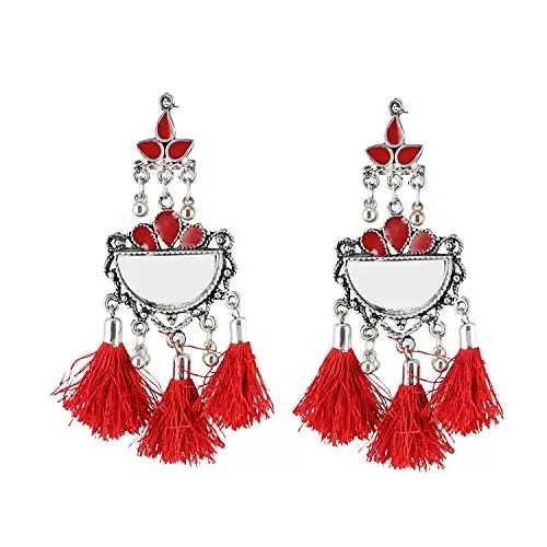 Designer Red Tassels German Silver Oxidized Afghani Earrings for Women