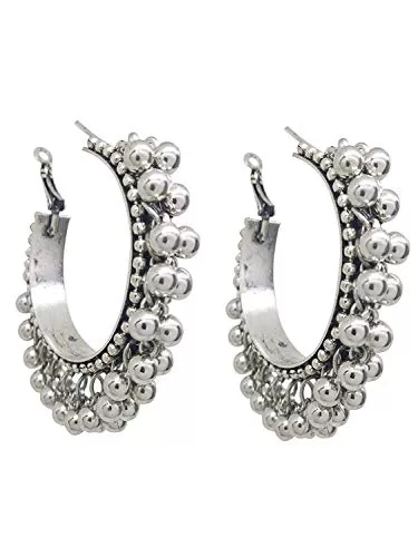 Indian Traditional Silver Plated Antique Oxidised Bali Style Ghungroo Beads Earrings for Women