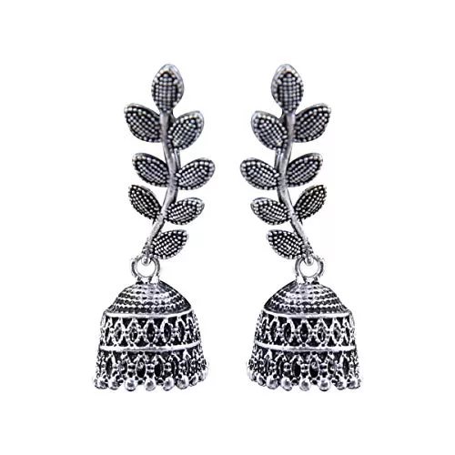 Indian Traditional Antique Leaf Pattern Oxidised Silver Earrings for Women