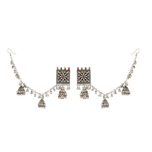 Non-Precious Metal Stylish Jewellery Afghani Tribal Jhumka Earrings for Women (Multicolour)