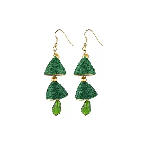 Designer Crystal Drop Green Thread Jhumki Earrings for Women and Girls