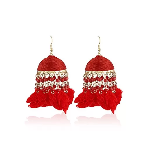 Designer Red Colour Dangle and Drop Pom Pom Earrings for Women & Girls