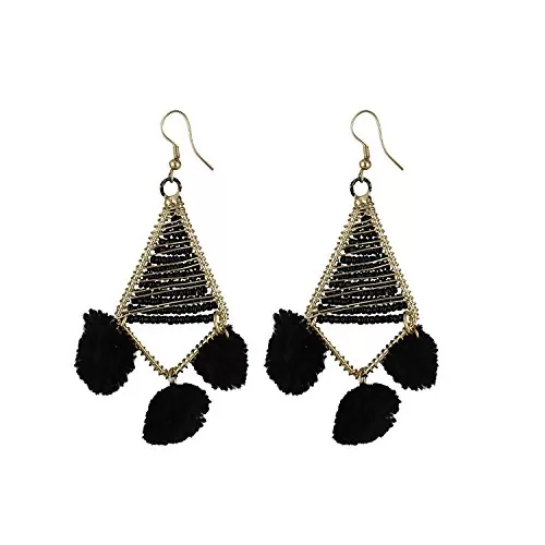 Designer Black beads Earrings with Pompoms for Girls