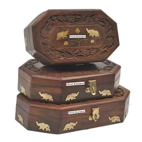 Wooden Antique Brown Jewellery Box with Brass Work Set of 3