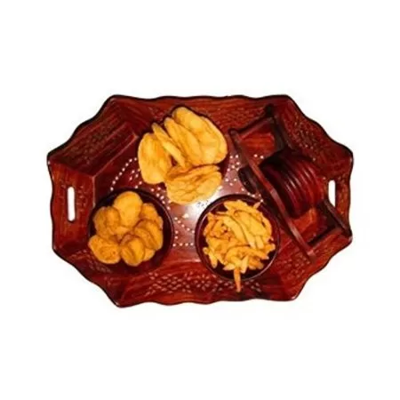Wooden Holi Special Snacks Dry Fruit Hexagonal Tray with Coaster Set