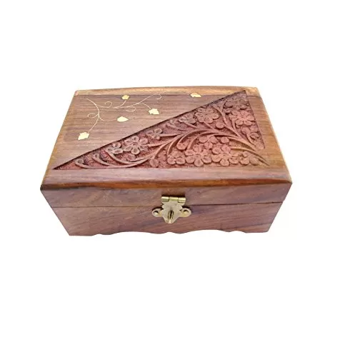 Wooden Jewellery Box Handicrafted Flower Carving Gift 6 Inches