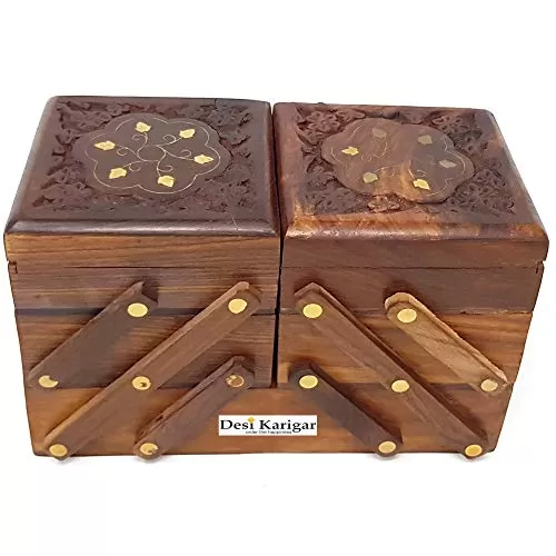Beautifully top Carved with Brass Work Wooden 3 Stories Foldable Jewellery Box