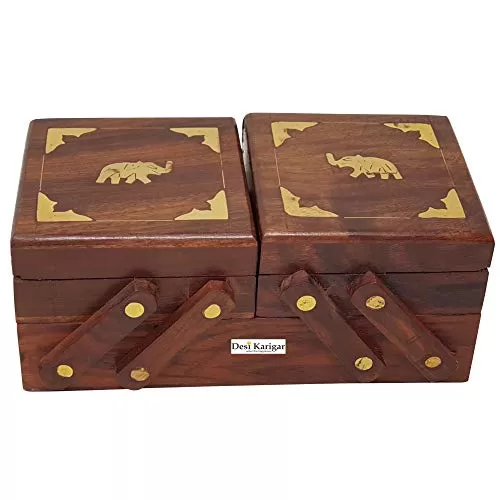 3 in 1 Wooden Jewellery Box with Brass Elephant Design Inlay Work Decorative Gift