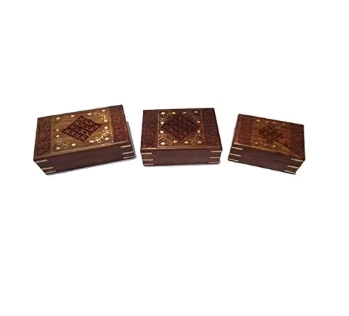 Set of Three Carved Brass and Jali Work Jewellery Boxes
