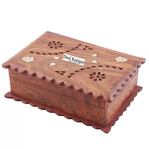 Wooden Antique Jewellery Box with Brass Carving Design