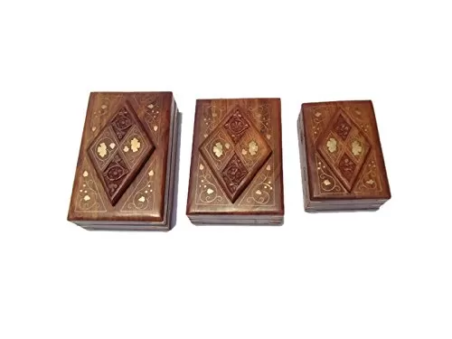 Set of Three Jewellery Boxes with Brass and Carved Work