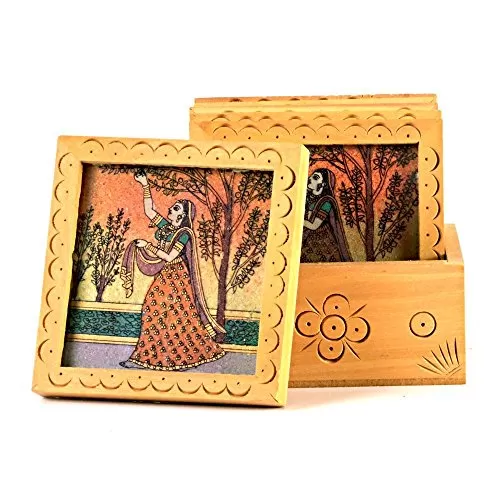 Little India Unique Gemstone Painted Square Tea Coaster Set (Cream HCF212)