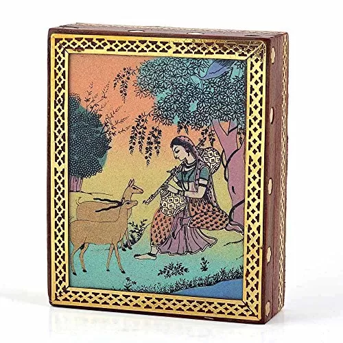 Meera Wooden Gemstone Painting Jewelry Box (10.16 cm x 12.7 cm BrownHCF257)