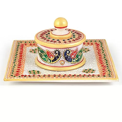 Gold Meenakari Work Marble Jewellery Box and Tray (391 White)