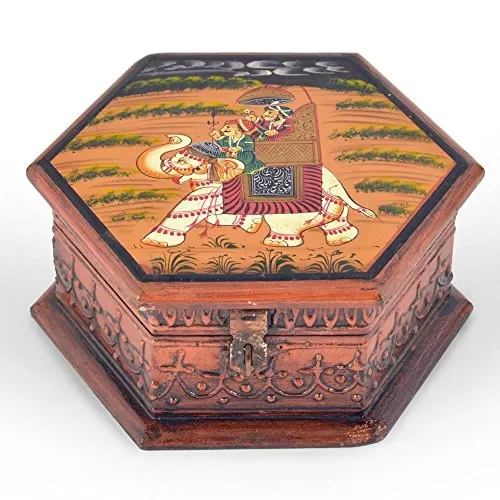 Hand Painted Octagonal Wooden Art Jewellery Box (261 Brown)