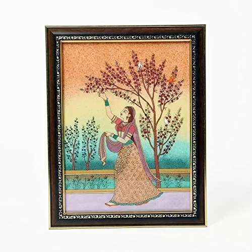 Little India Lady Plucking Flowers Pure Gemstone Painting (348 Brown)