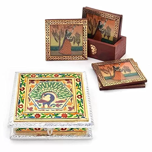 Meenakari White Metal Dryfruit Box and Wooden Tea Coaster Set (DL3COMB139)
