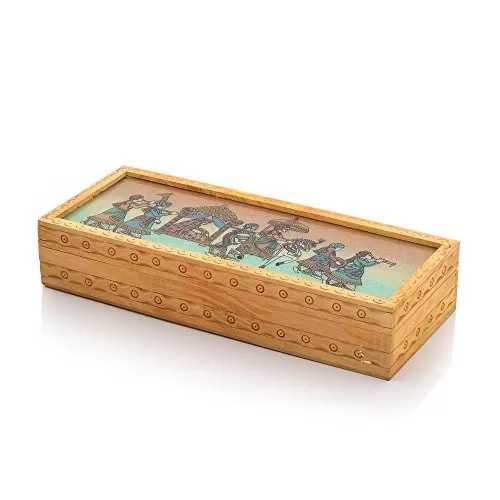 Carved Gemstone Painted Wooden Jewellery Box (354 Brown)