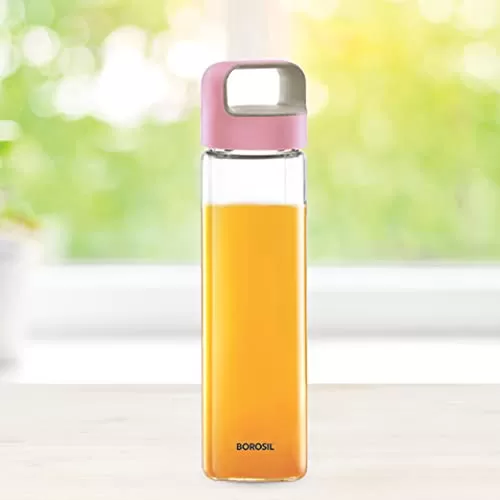NEO Borosilicate Glass Water Bottle with Pink Handle for Fridge and Office 550ml
