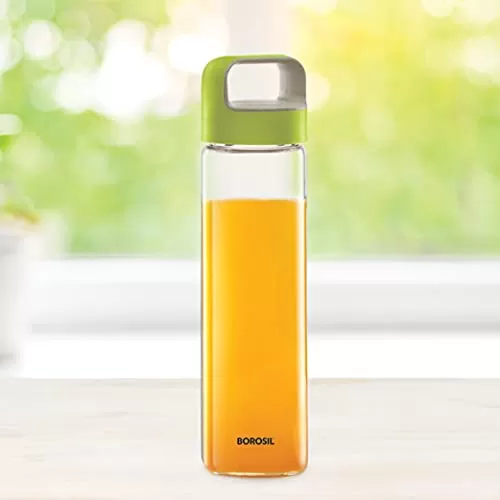 NEO Borosilicate Glass Water Bottle with Green Handle for Fridge and Office 550ml