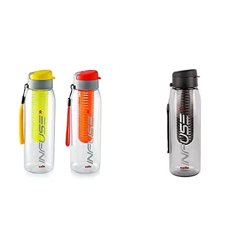 Cello Infuse Plastic Water Bottle Set 800 Ml Set Of 2 Yellow/Orange & Infuse Plastic Water Bottle 800 Ml Black
