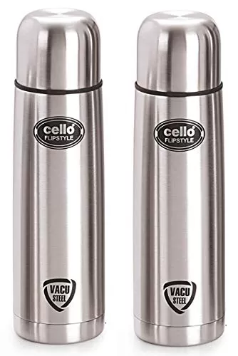 Cello Flip Style Stainless Steel 1 Litre Silver & Flip Style Stainless Steel Bottle with Thermal Jacket 500ml Silver Combo