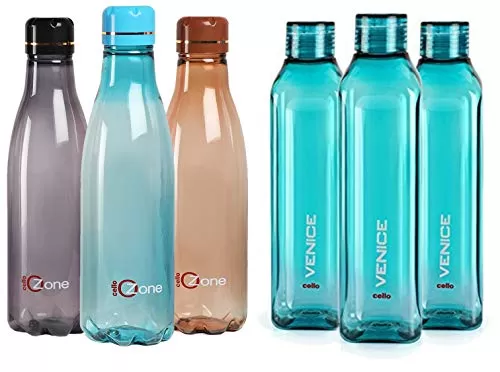 Cello Ozone Plastic Water Bottle 1 Litre Set of 3 Assorted & Venice Plastic Water Bottle 1 Litre Set of 3 Green Combo