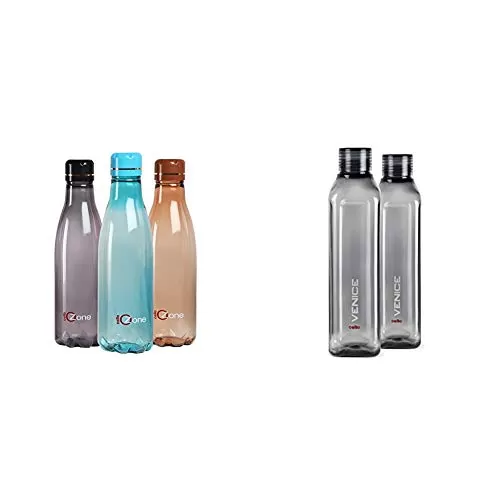 Cello Ozone Plastic Water Bottle 1 Litre Set of 3 Assorted & Venice Plastic Water Bottle 1 Litre Set of 2 Black