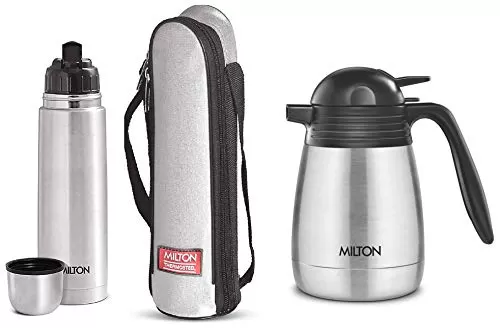 Thermosteel Flip Lid Flask 1000 milliliters Silver & Thermosteel Carafe 600 ml Silver Combo