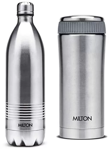Thermosteel Duo Deluxe-1000 Bottle Style Vacuum Flask 1 Litre Silver + Thermosteel Optima 420 Stainless Steel Flask 420ml Steel