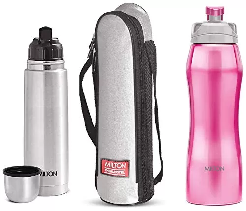 Thermosteel Flip Lid Flask 500 millilitres Silver & Hawk 750 Stainless Steel Bottle 750ml Pink Combo