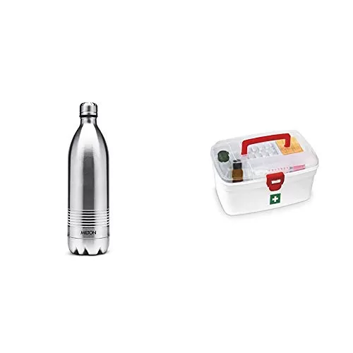 Duo DLX 1000 Thermosteel 24 Hours Hot and Water Bottle 1 Litre Silver + Medical Box