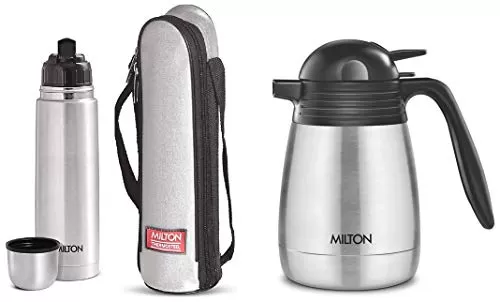 Thermosteel Flip Lid Flask 1000 milliliters Silver & Thermosteel Carafe 1 Litre Silver Combo