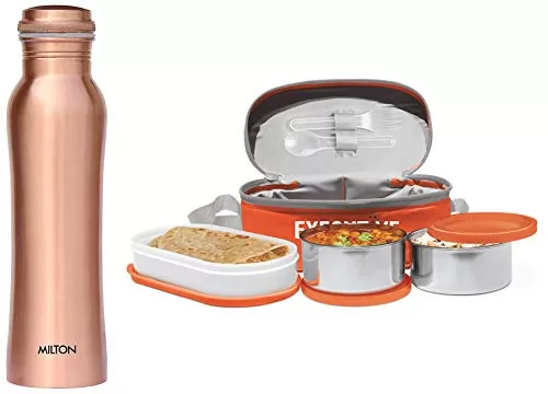 Executive Lunch Insulated Tiffin with 3 Leak-Proof Containers Orange Plastic/Stainless Steel21 in & Copperas 1000 Copper Bottle 920 ml 1 Piece Copper Combo