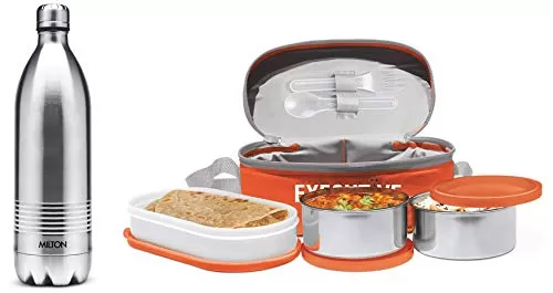 Thermosteel Duo Deluxe-1000 Bottle Style Vacuum Flask 1 Litre Silver + Executive Lunch Box Set 3-Pieces 260 ml Orange