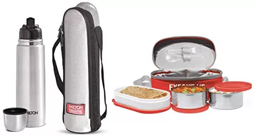 Thermosteel Flip Lid Flask 500 millilitres Silver & Executive Plastic Lunch Box 260ml Red Combo