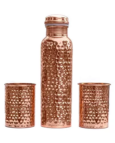 Signoraware Copper Bottle with 2 Glasses (900 Ml Bottle + 2 Glass 275 Ml Set of 3 (Hammered)