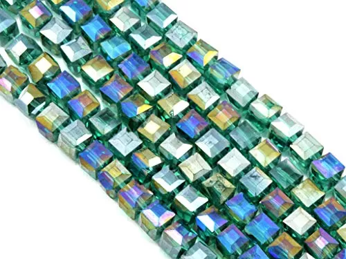 Sea Green Transparent Rainbow Cube Shaped Crystal Bead (6 mm * 6 mm) 5 Strings for  Jewellery Making Beading Arts and Crafts and Embroidery.