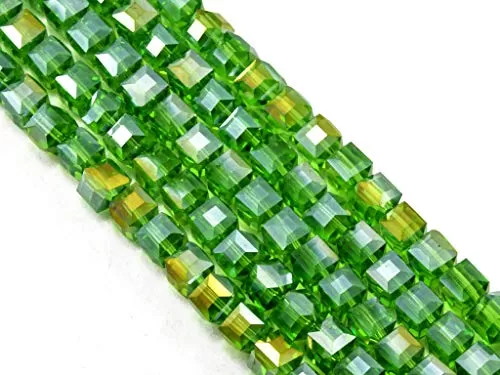 Olive Green/Peridot Transparent Rainbow Cube Shaped Crystal Bead (8 mm * 8 mm) 1 String for  Jewellery Making Beading Arts and Crafts and Embroidery.