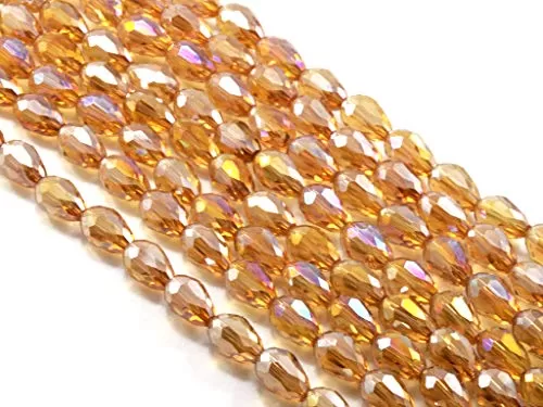 Golden Transparent Rainbow Drop/Briolette Crystal Bead (6 mm * 8 mm) (1 String) for  Jewellery Making Beading Embroidery Art and Craft