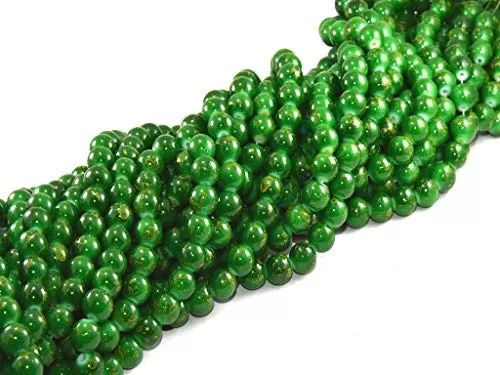 Green Black Designer Spherical Glass Pearl (8 mm) (1 String) - for Jewellery Making Beading Art and Craft